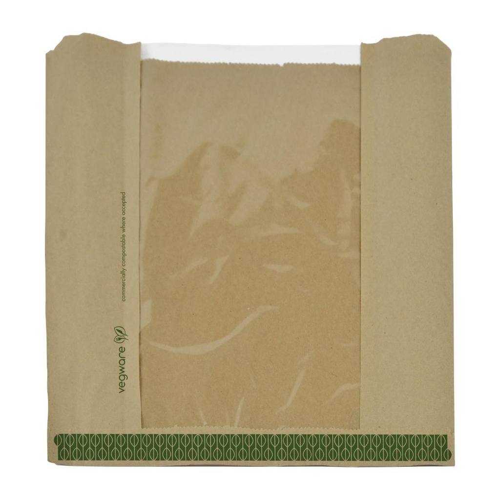 Vegware Kraft Medium Sandwich/Cookie Bag met PLA-venster 8,5"x8,5" (Pak van 1000)