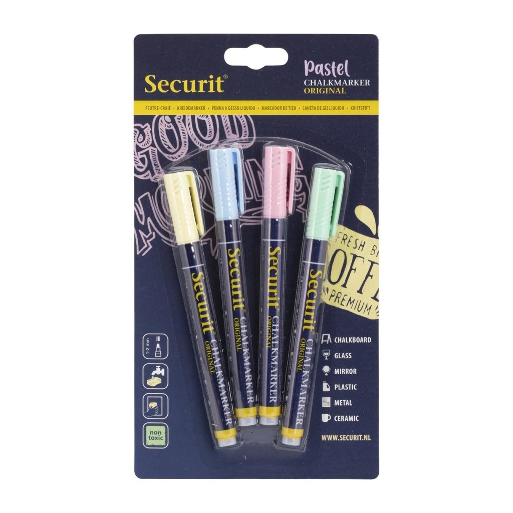Securit Liquid pastel krijtstift met 1-2mm Penpunt in groen, blauw, geel, lila (4 stuks)