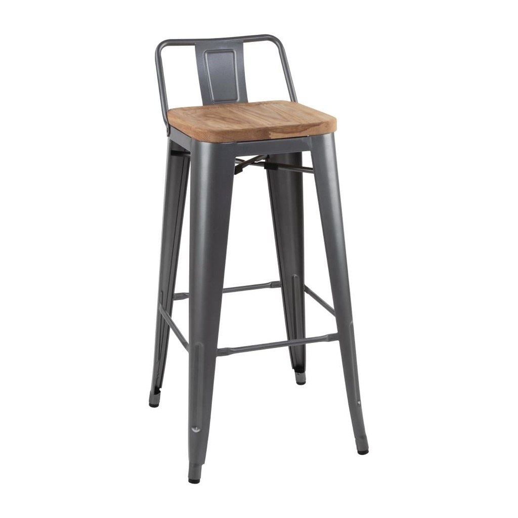 Bolero Bistro hoge krukken met rugleuning met houten zitting Gun Metal (4 stuks)