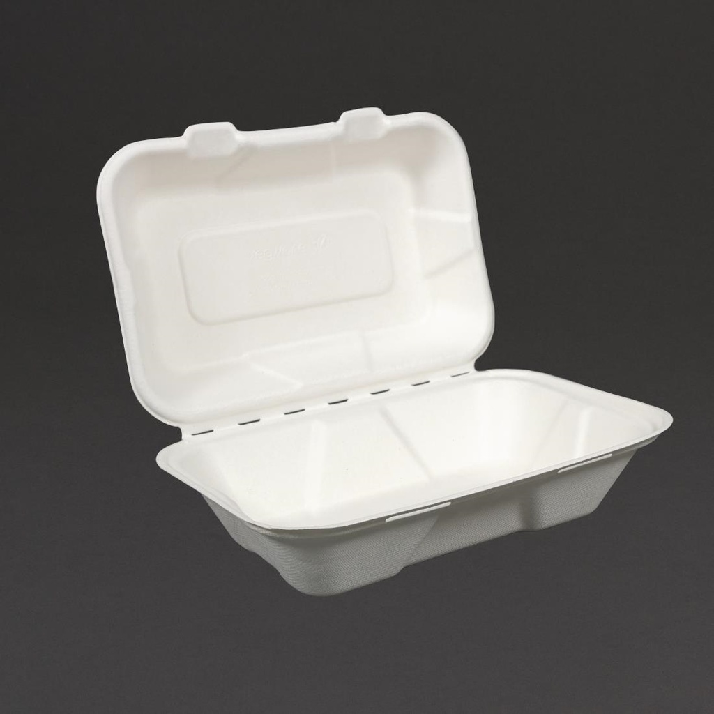 Vegware composteerbare bagasse voedseldozen met scharnierdeksel 22,8cm (200 stuks)