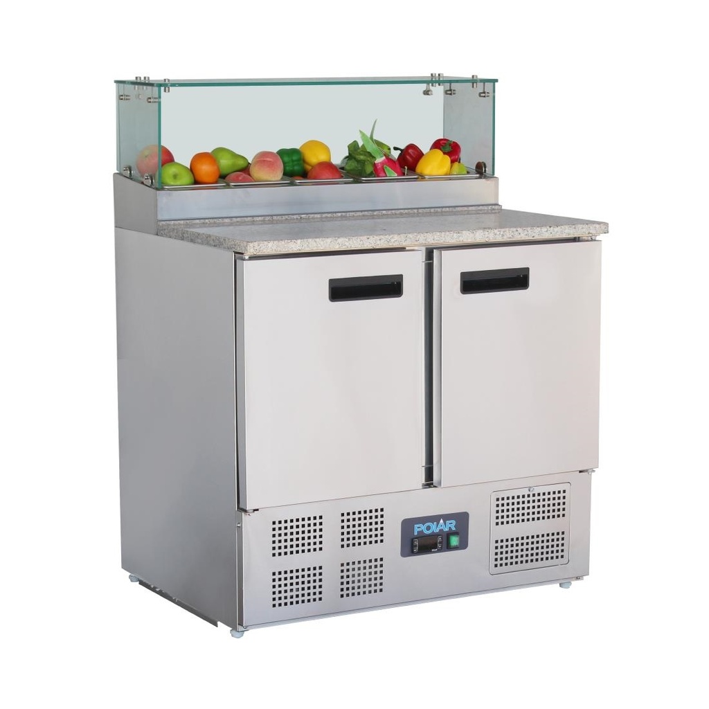 Polar G-serie 2-deurs pizza koelwerkbank met opzetkoelvitrine 256Ltr