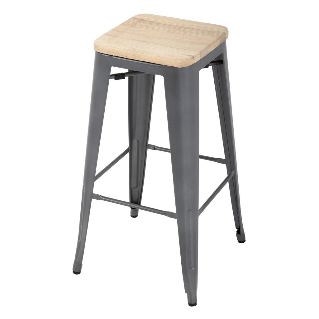 Bolero Bistro stalen barkruk met houten zitting - grijs (4 stuks)