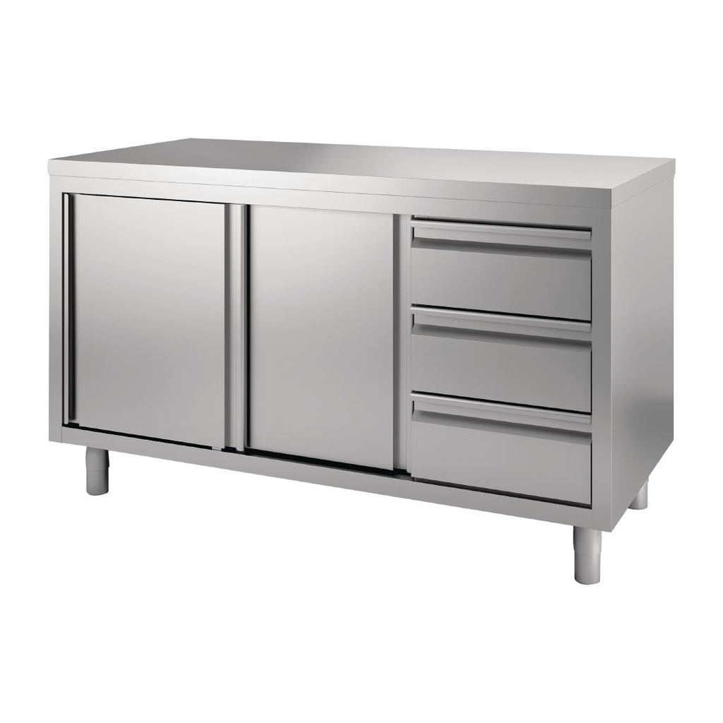 Gastro M RVS werktafel met schuifdeuren en 3 laden 85/90x160x70cm