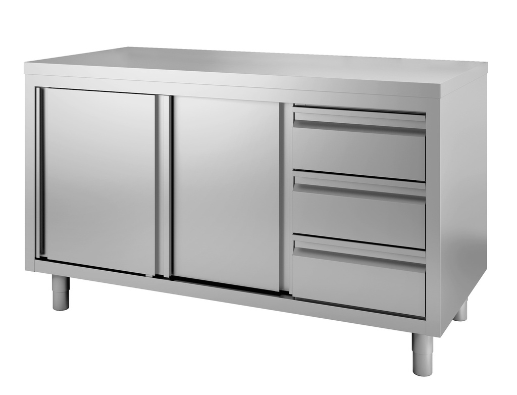 Werkbank van roestvrijstaal met schuifdeuren en 3 laden, 1600(l)x600(d)x880(h)mm