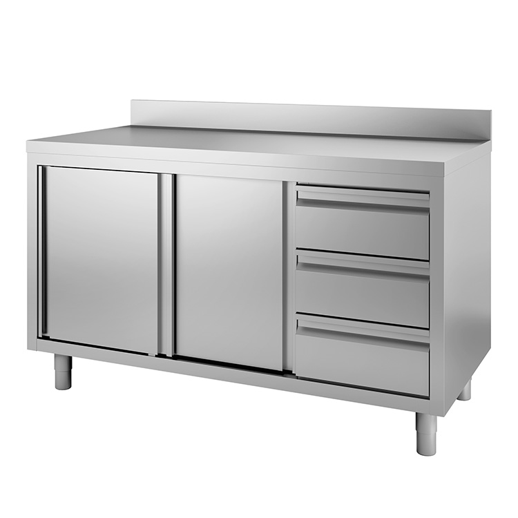 Werkbank van roestvrijstaal met schuifdeuren, 3 laden en achteropstand, 1400(l)x700(d)x880(h)mm