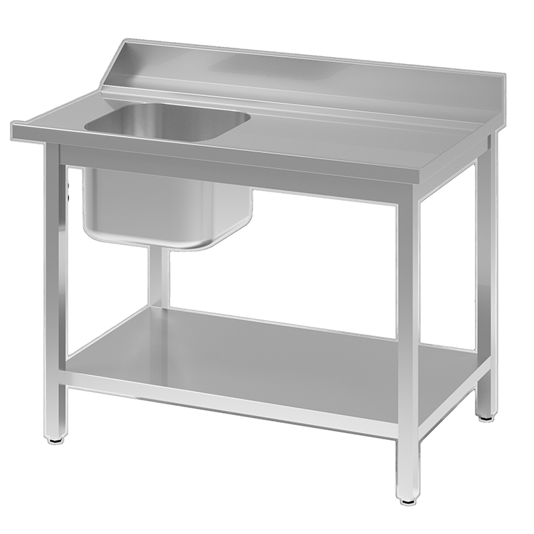 Aanvoertafel van roestvrijstaal AISI 304 met spoelbak en aansluiting L, 1000(l)x700(d)x900(h)mm