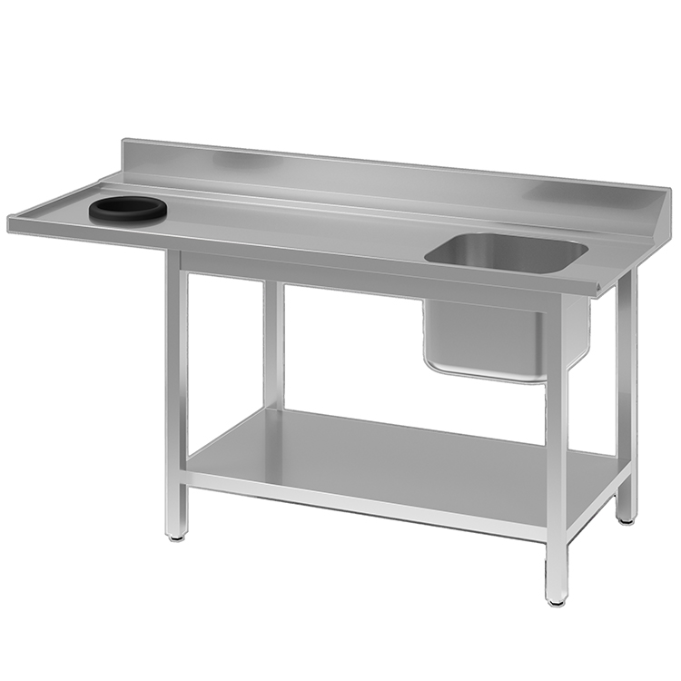 Aanvoertafel van rvs AISI 304 met spoelbak en aansluiting R en afvalgat L, 1200(l)x700(d)x900(h)mm