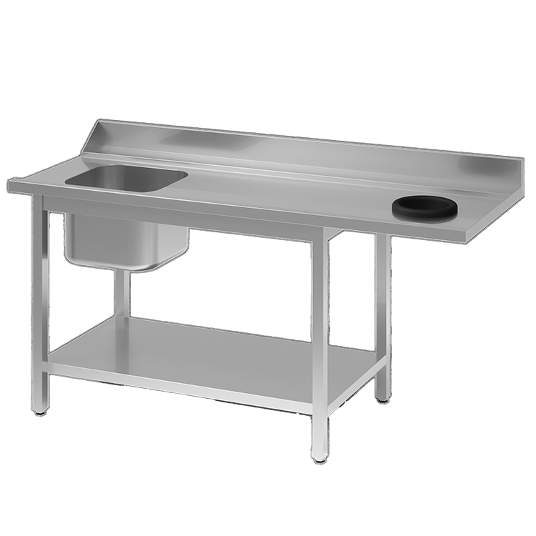 Aanvoertafel van rvs AISI 304 met spoelbak en aansluiting L en afvalgat R, 1000(l)x700(d)x900(h)mm