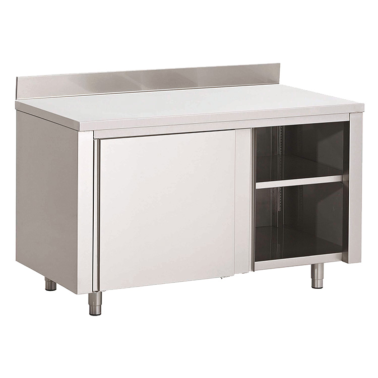 Werkbank met schuifdeuren en achteropstand van roestvrijstaal AISI 304, 1600(l)x700(d)x880(h)mm
