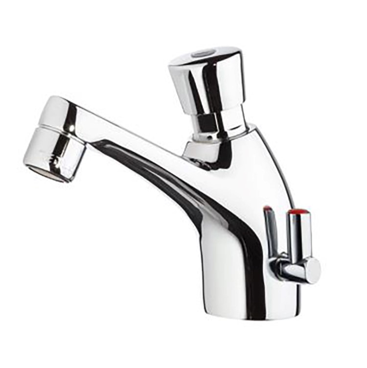 Mengkraan met waterbesparende drukknopbediening, korte uitloop bovenzijde