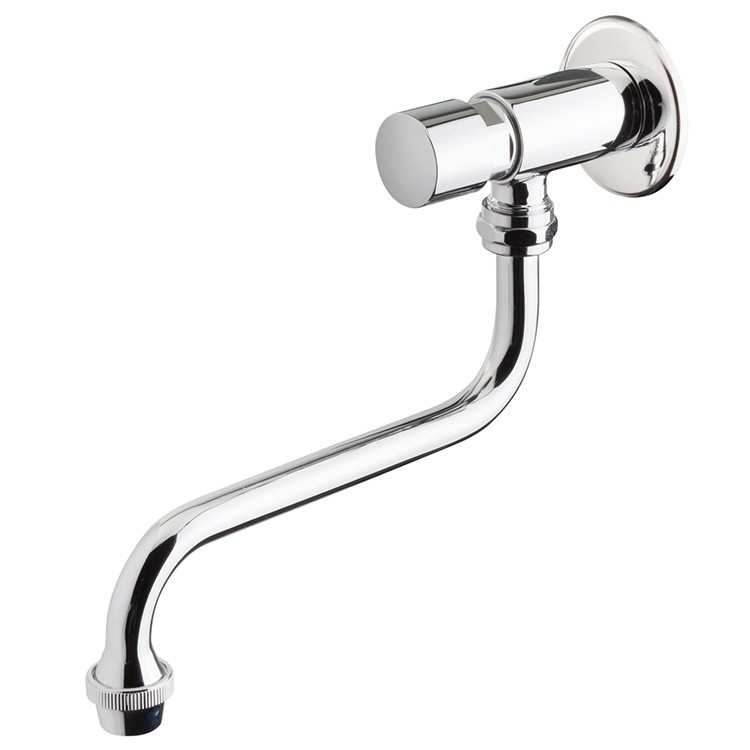 Fonteinkraan met waterbesparende drukknopbediening, lange uitloop onderzijde