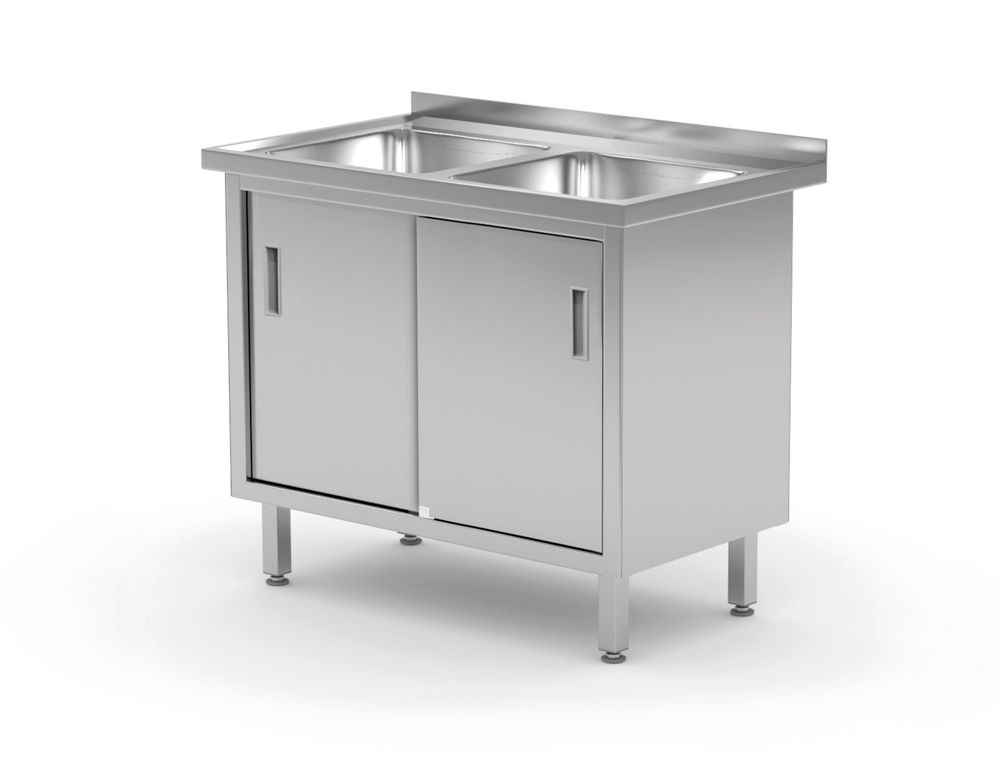 HENDI Tafel met 2 spoelbakken, kast – gelast, met schuifdeuren 813690
