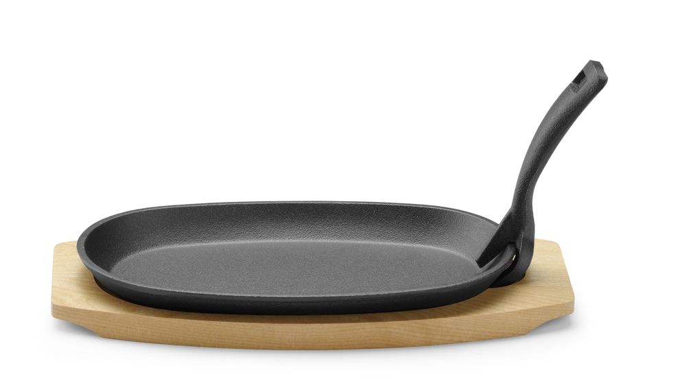 HENDI Gietijzeren schaal met houten onderlegger en greep 629383