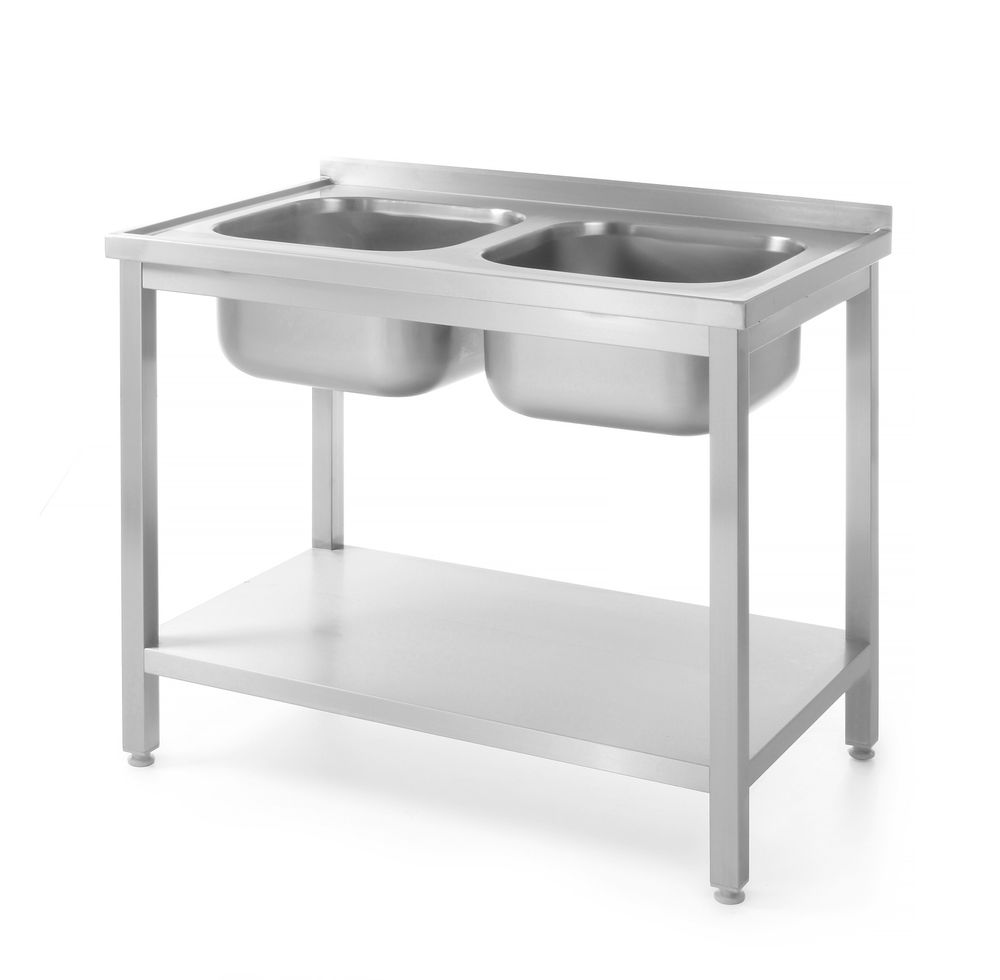 HENDI Tafel met 2 spoelbakken, met plank - geschroefd 812969