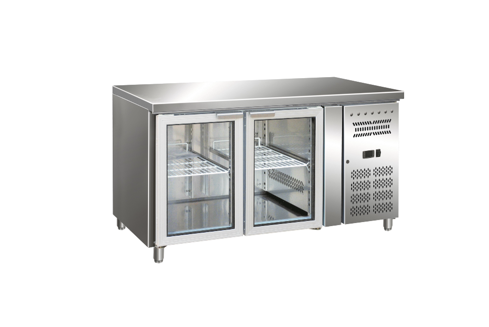 Gastro-Inox RVS GN koelwerkbank met 2 glasdeuren, geforceerd gekoeld