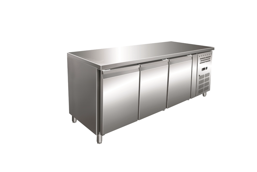 Gastro-Inox RVS GN koelwerkbank met 3 deuren, geforceerd gekoeld