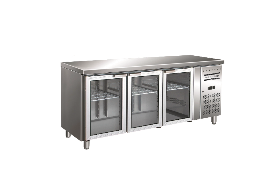 Gastro-Inox RVS GN koelwerkbank met 3 glasdeuren, geforceerd gekoeld