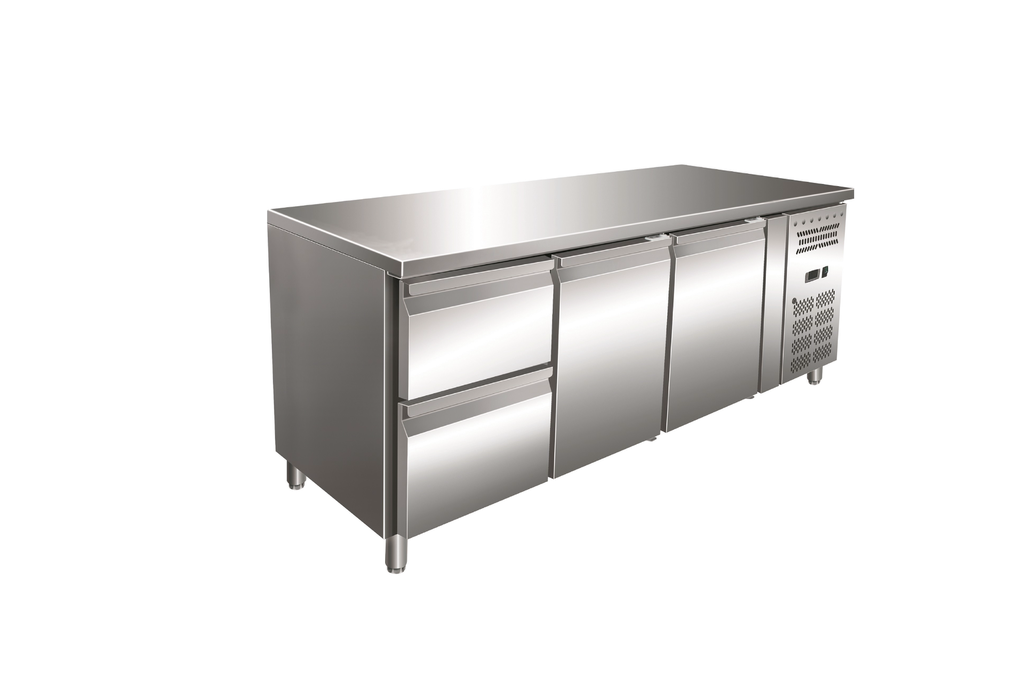 Gastro-Inox RVS GN koelwerkbank met 2 deuren en 2 laden, geforceerd gekoeld