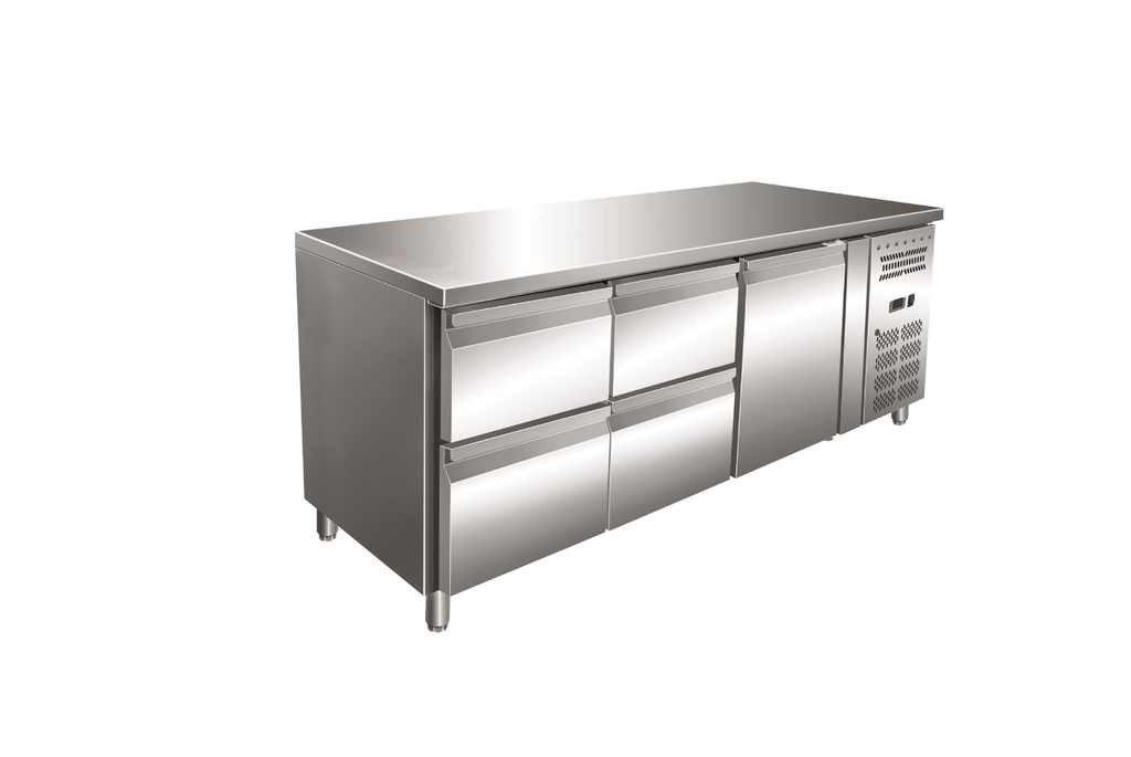Gastro-Inox RVS GN koelwerkbank met 1 deur en 4 laden, geforceerd gekoeld