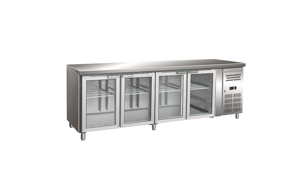 Gastro-Inox RVS GN koelwerkbank met 4 glasdeuren, geforceerd gekoeld
