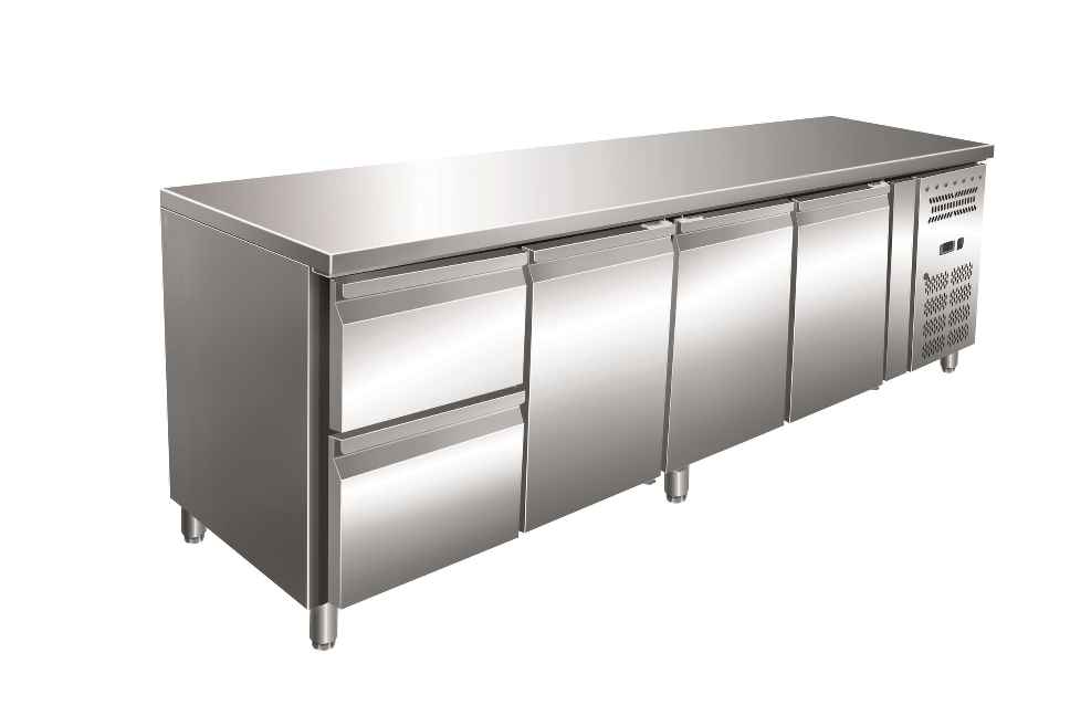 Gastro-Inox RVS GN koelwerkbank met 3 deuren en 2 laden, geforceerd gekoeld