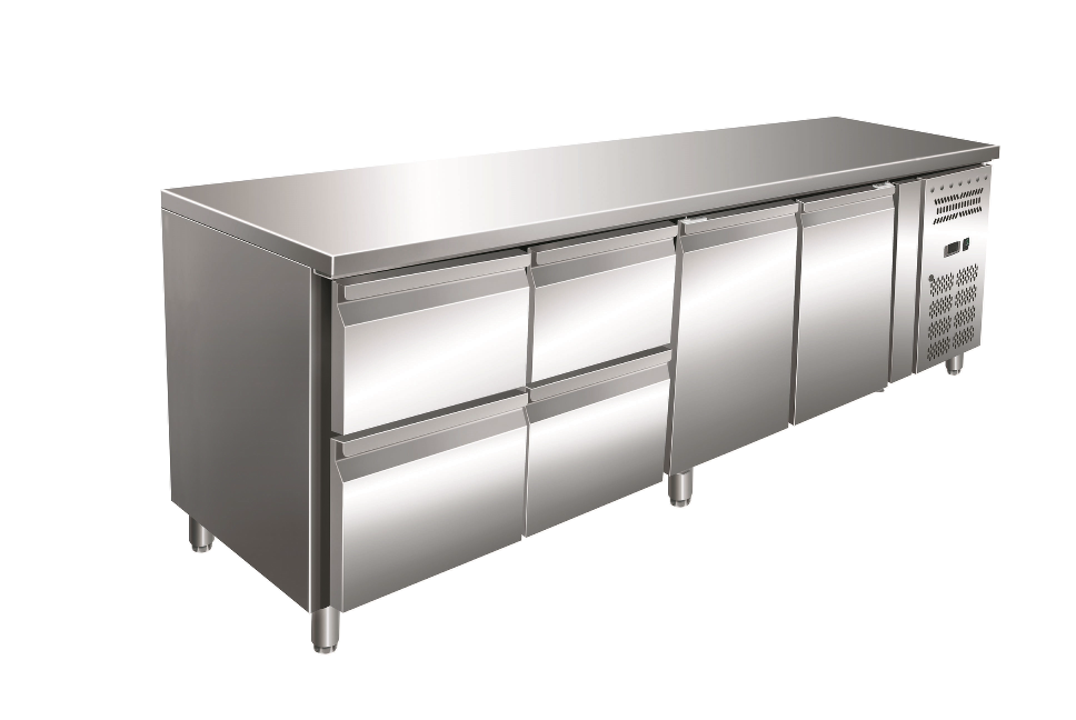 Gastro-Inox RVS GN koelwerkbank met 2 deuren en 4 laden, geforceerd gekoeld