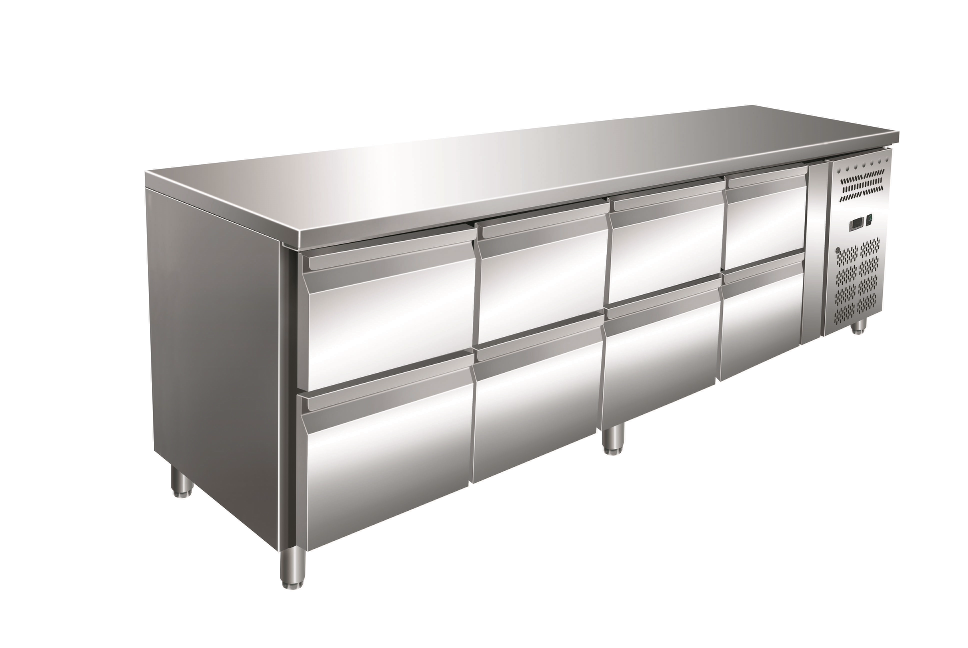 Gastro-Inox RVS GN koelwerkbank met 8 laden, geforceerd gekoeld