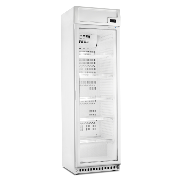 Marecos wit stalen display koeling met glasdeur en verlichte banner 400 serie