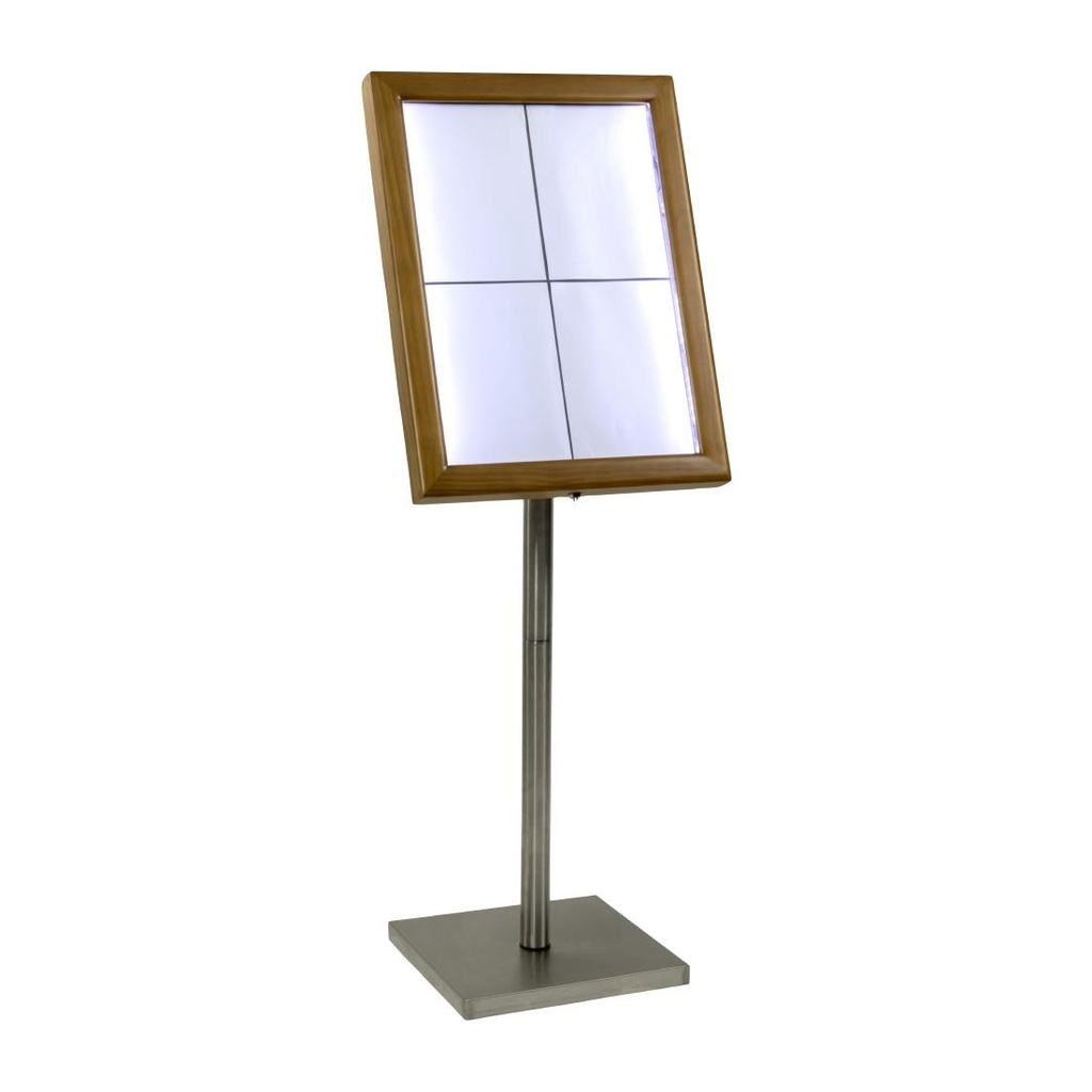 Securit 4xA4 teakhouten witte LED menukaarthouder met paal en voet