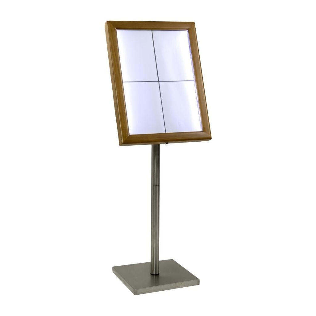 Securit 4xA4 teakhouten witte LED menukaarthouder met paal en voet