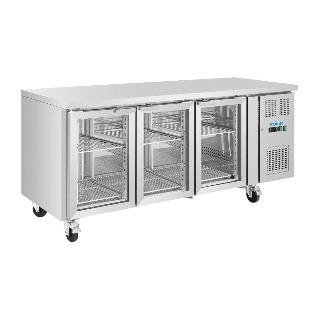 Polar U-serie 3-deurs koelwerkbank met glazen deuren