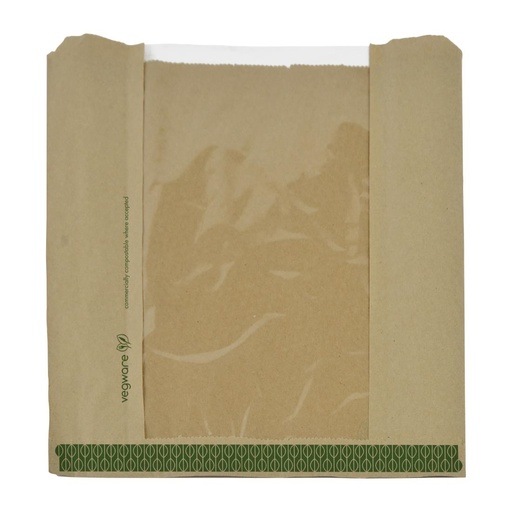 [CJ181] Vegware Kraft Medium Sandwich/Cookie Bag met PLA-venster 8,5"x8,5" (Pak van 1000)