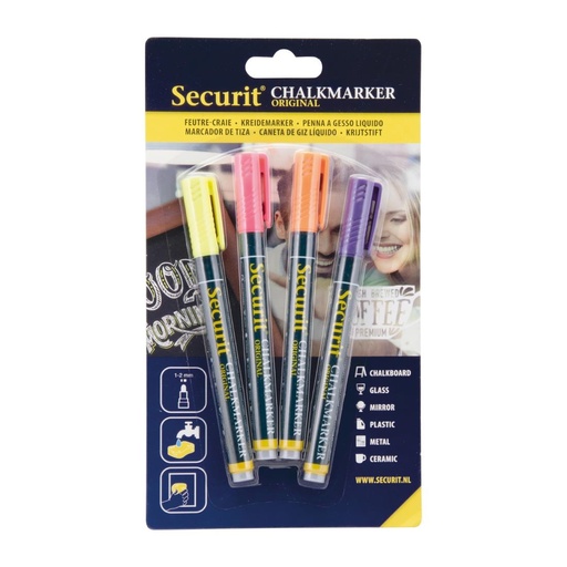[CU770] Securit Liquid chalkmarker tropical met 1-2mm Penpunt in geel, roze, oranje, violet (box 4)