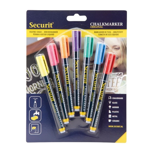 [CU919] Securit Liquid krijtstift 1-2mm Penpunt in rood, blauw, geel, groen, roze, oranje, violet (doos 7)