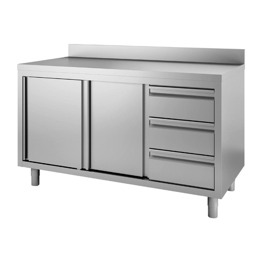 [DS444] Gastro M Werktafel Met 3 Laden Rechts, Schuifdeuren En Achteropstand 85/90x180x60cm