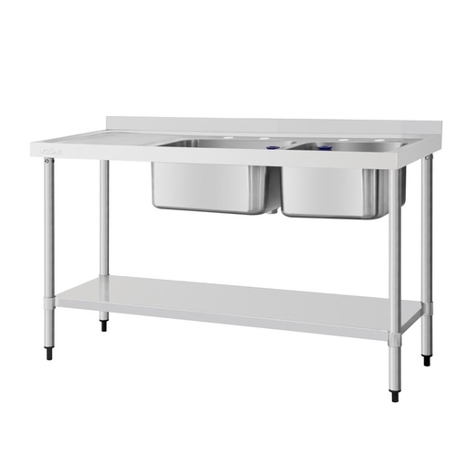 [DY825] Vogue RVS spoeltafel dubbele spoelbak afdruiprek links 150x60cm