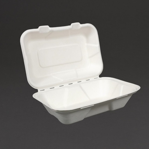 [GH026] Vegware composteerbare bagasse voedseldozen met scharnierdeksel 22,8cm (200 stuks)