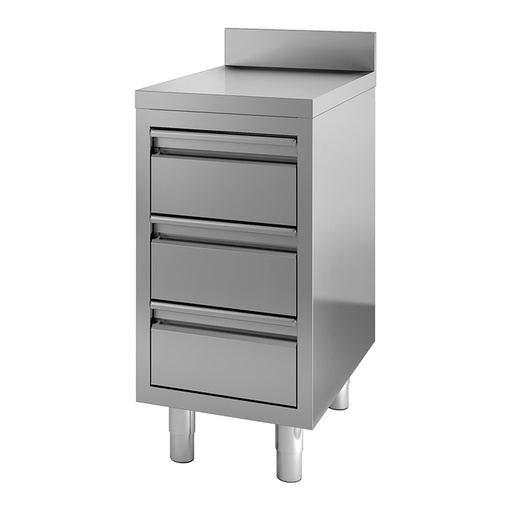 [302152] Werkbank van roestvrijstaal met 3 lades en opstand, 400(l)x700(d)x880(h)mm